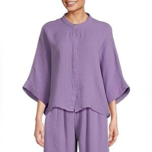 Bryn Walker Joe Solid Cotton Gauze Band Collar 3/4 Dolman Sleeve Draped Hem